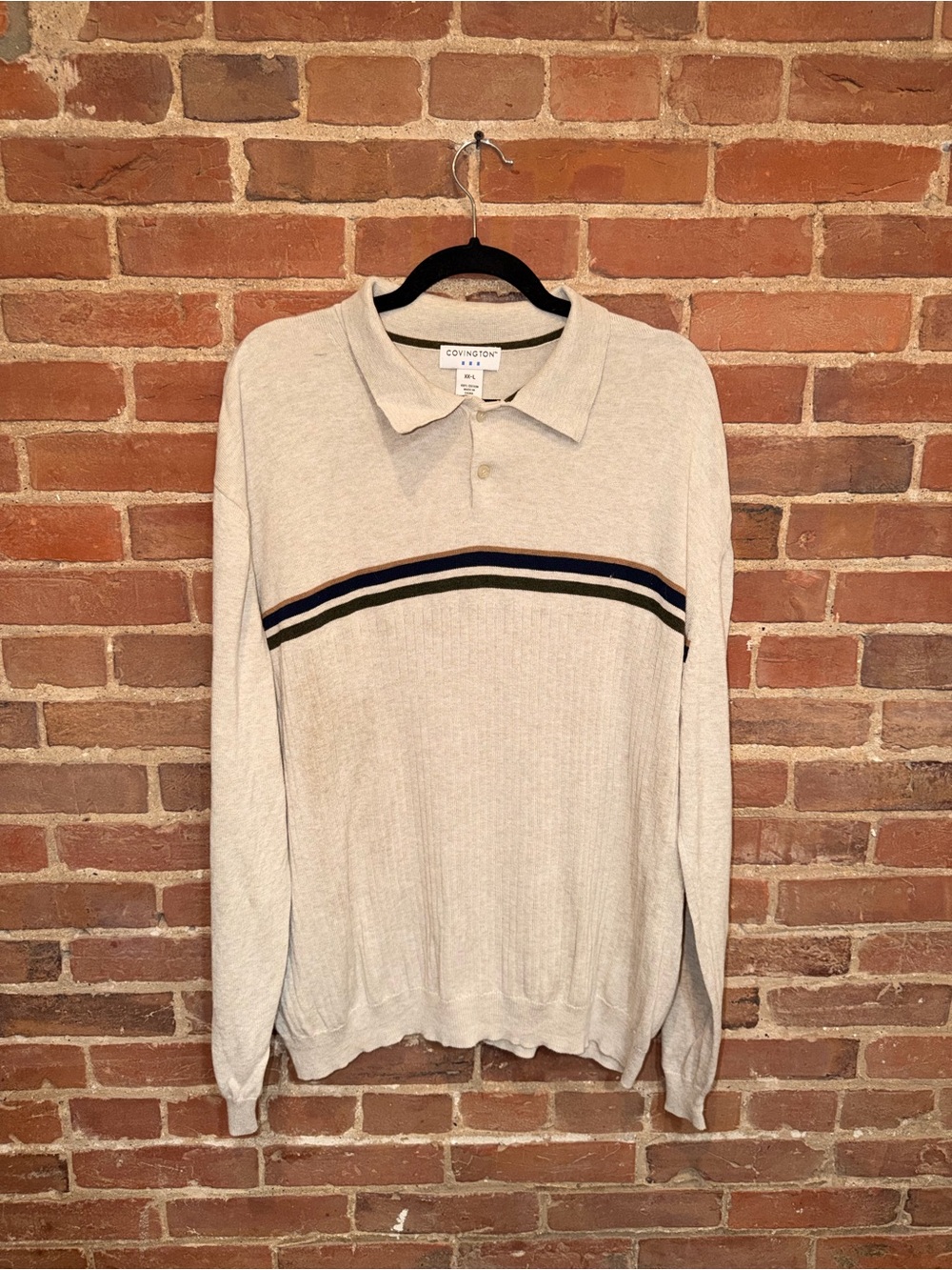 Covington Men's Cream Crewneck Polo Sweater with Navy and Green Stripes